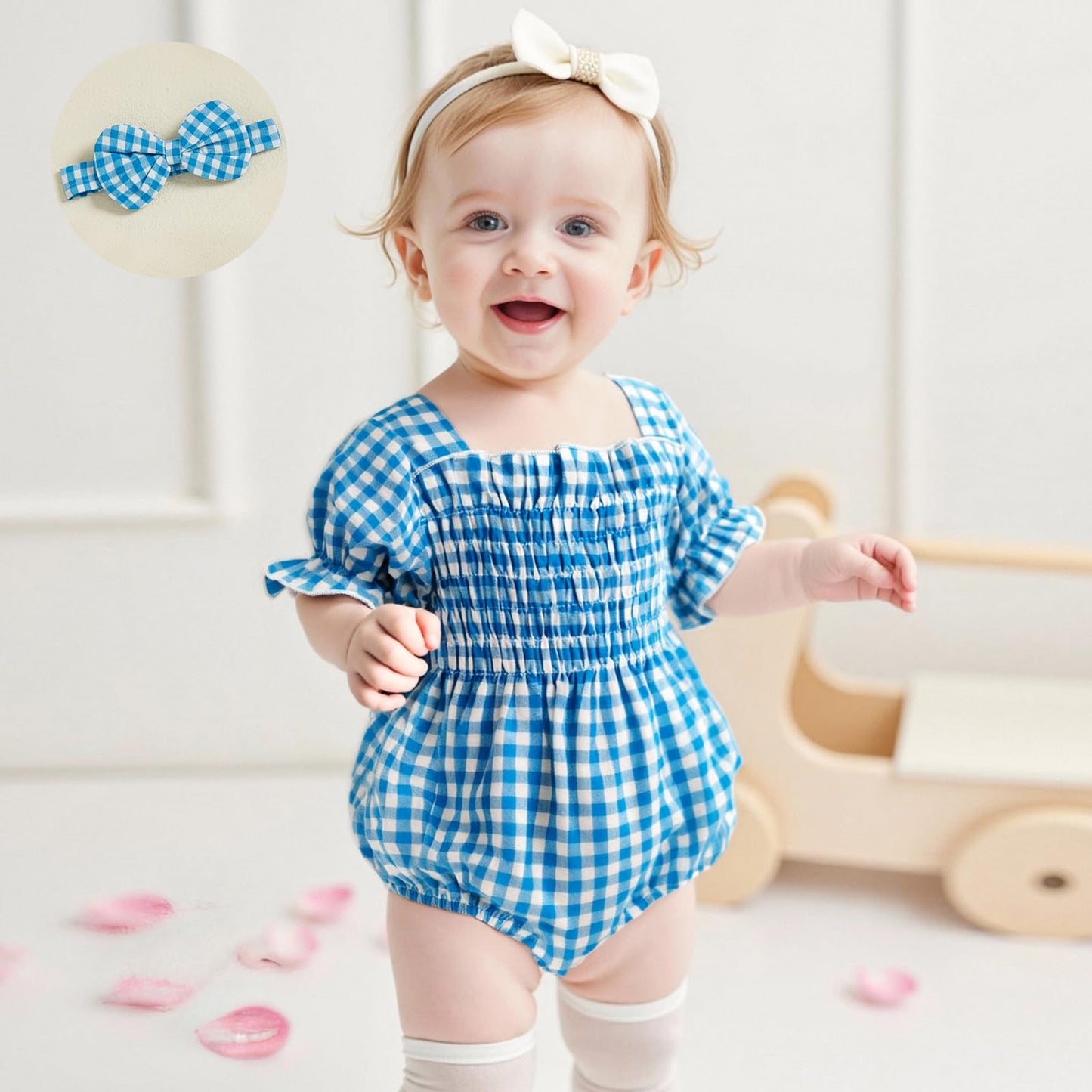 Infant Baby Girls Romper Ruffle Sleeve Pleated Smocked Bubble Plaid One Piece Ruched Jumpsuit Summer Bodysuit