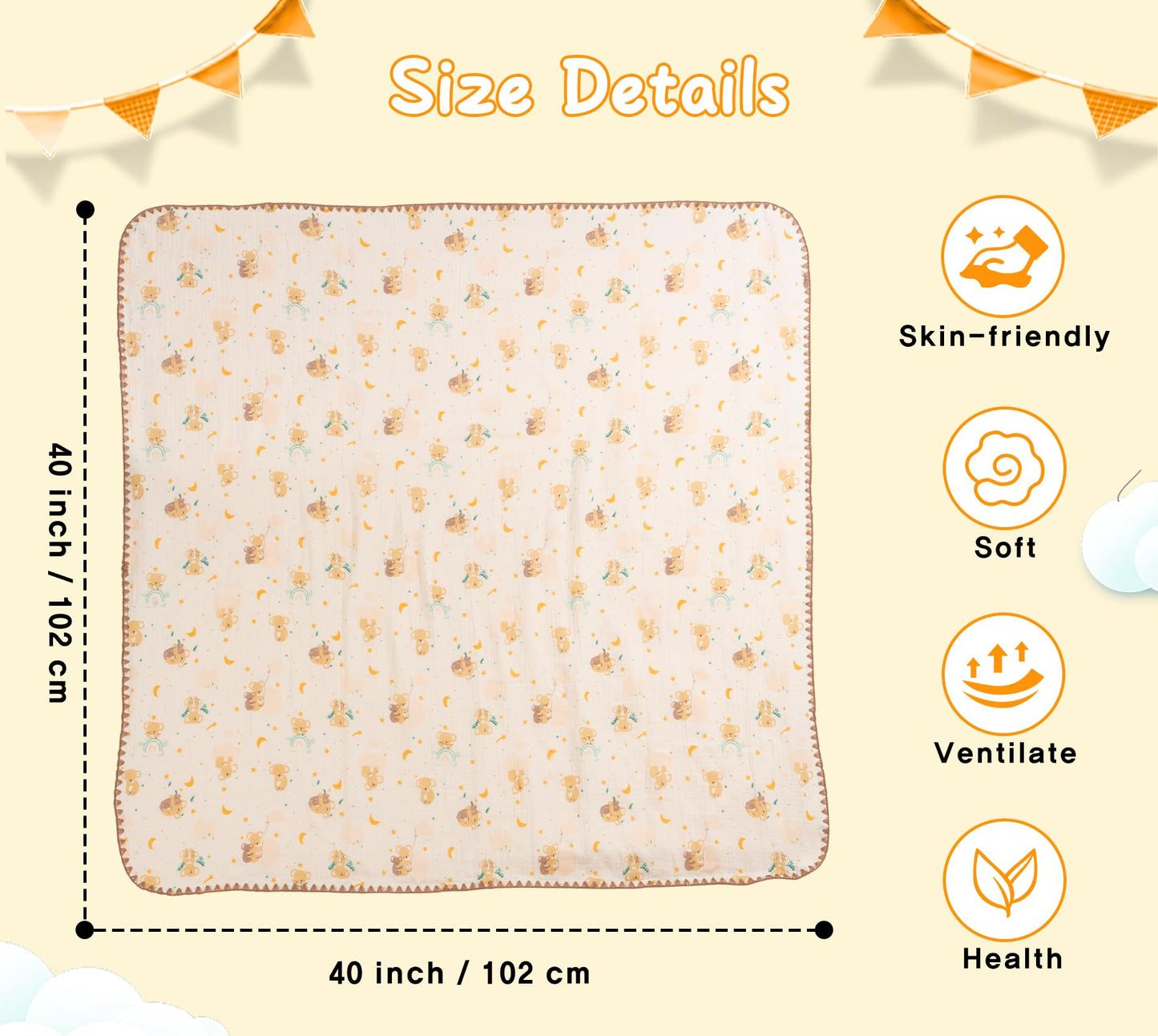 Baby Blanket Double Layer Cotton 40 x 40 Soft Receiving Blanket with Pattern Machine Washable Brown Bear
