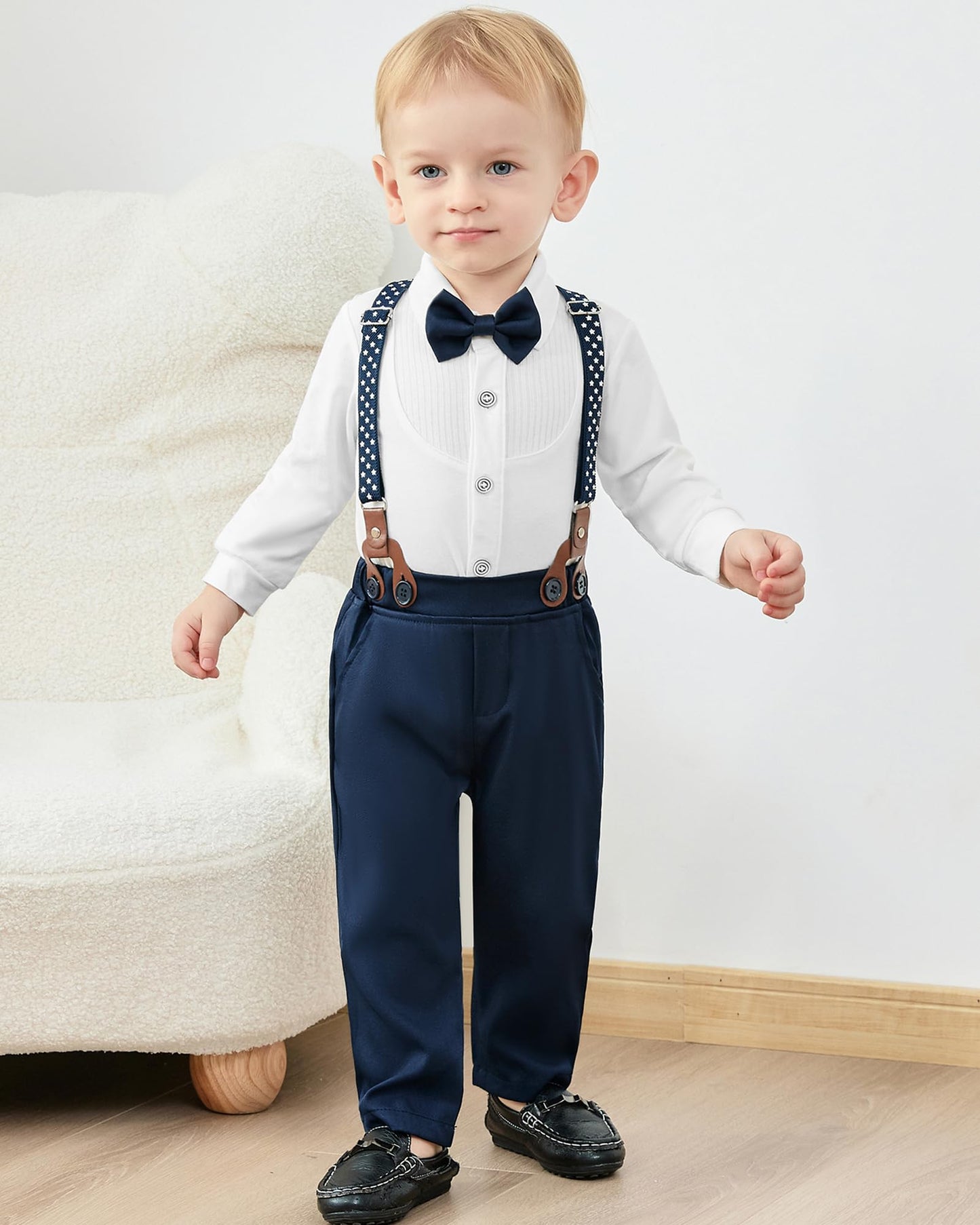 YUEMION Baby Boy Clothes Wedding Outfit Suits, 0-18 Months Infant Boy Gentleman Set, Dress Shirt+Vest+Suspender Pants+Bowtie