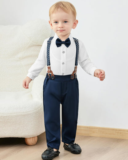 YUEMION Baby Boy Clothes Wedding Outfit Suits, 0-18 Months Infant Boy Gentleman Set, Dress Shirt+Vest+Suspender Pants+Bowtie