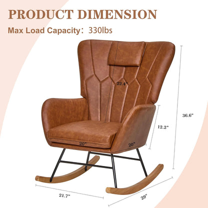 VECELO Rocking Chair Nursery with Thick Headrest, Modern PU Upholstered Reading Glider Rocker Accent Armchair with High Backrest, Padded Seat, Side Pocket, for LivingRoom, Bedroom, Baby Room, Brown