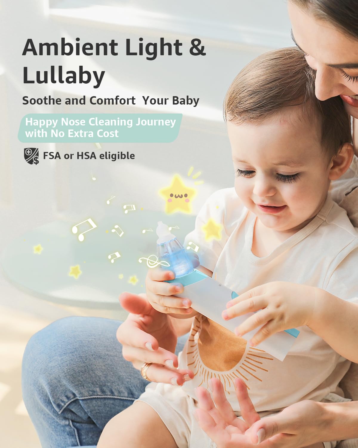GROWNSY Nasal Aspirator for Baby, Electric Nose Aspirator for Toddler, Baby Nose Sucker, Automatic Nose Cleaner with 3 Silicone Tips, Adjustable Suction Level, Music and Light Soothing Function