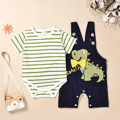 Baby Boy Clothes Newborn Outfits Stripe Romper Infant Cartoon Overall Adjustable Suspender Pants Set 0-18 Months