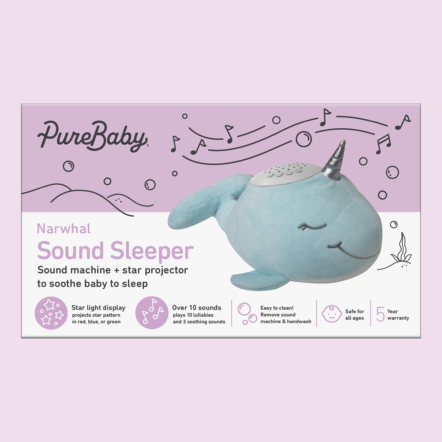 PureBaby Sound Sleepers Portable Sound Machine & Star Projector - Plush Sleep Aid for Baby and Toddlers with Soothing Night Light Display, 10 Lullabies, White Noise, and Heartbeat Sounds (Unicorn)