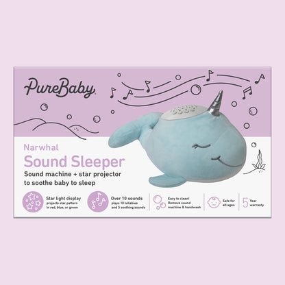 PureBaby Sound Sleepers Portable Sound Machine & Star Projector - Plush Sleep Aid for Baby and Toddlers with Soothing Night Light Display, 10 Lullabies, White Noise, and Heartbeat Sounds (Unicorn)