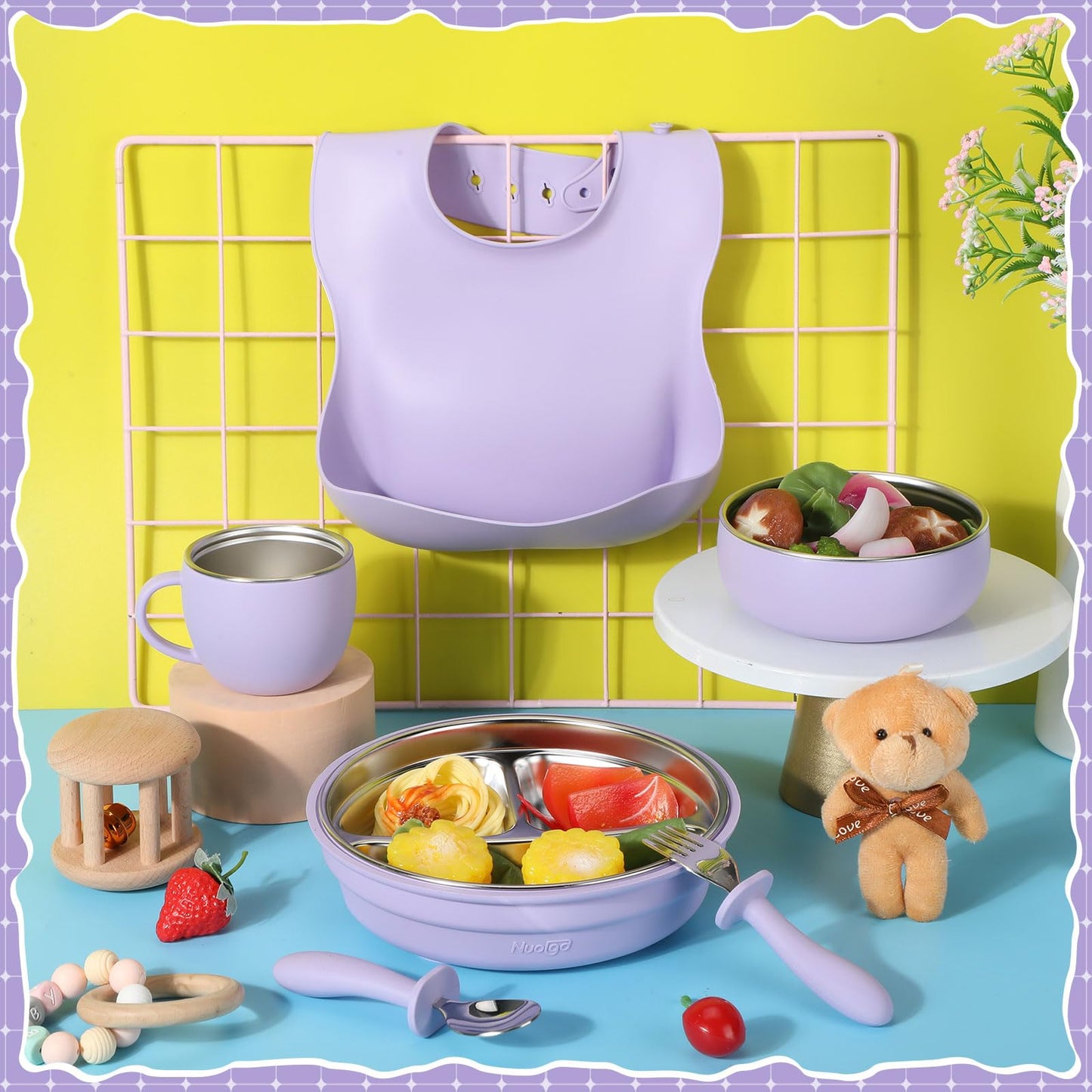 Nuogo 6 Pcs 304 Stainless Steel Kids Plates and Bowls Set Stainless Steel Suction Bowls and Toddler Cup with Removable Silicone, Forks Spoons Pocket Bib for Baby Toddle(Pink,Round)