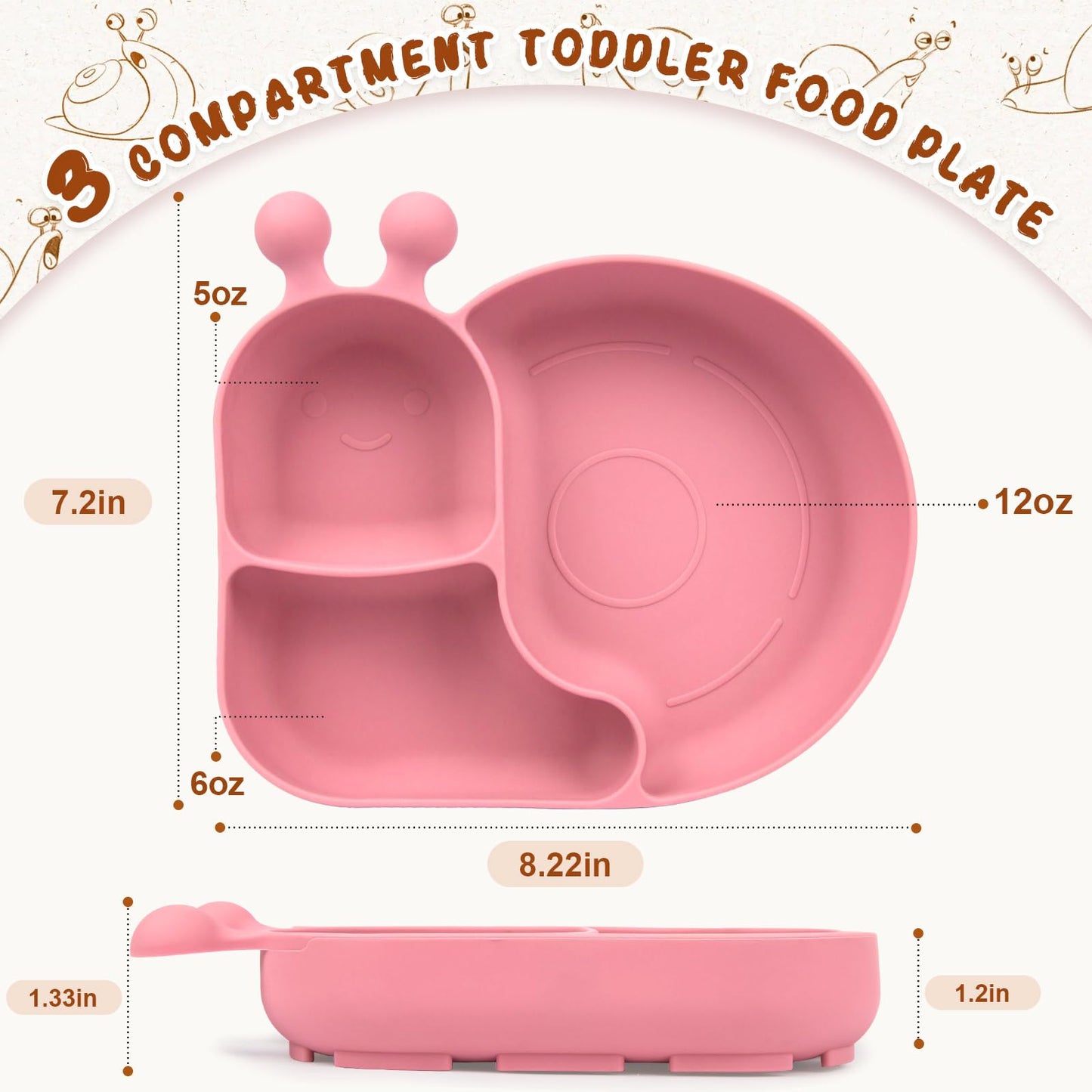 Silicone Baby Plate with Super Suction – Snail Shape 3 Compartment Toddler Food Plate Self Feeding Unbreakable Eating Supplies for Boys and Girls (Pink) (Green)