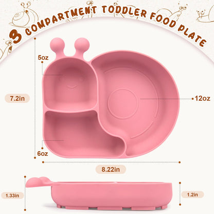 Silicone Baby Plate with Super Suction – Snail Shape 3 Compartment Toddler Food Plate Self Feeding Unbreakable Eating Supplies for Boys and Girls (Pink) (Green)