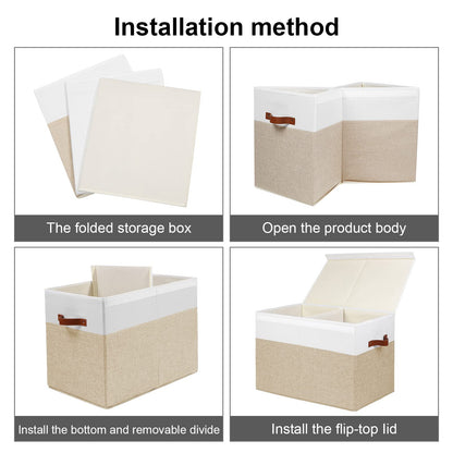 Large Toy Storage Box with Lid, Sturdy Toys Storage Chest Bin Organizer Basket with Dividers for Kids, Boys, Girls, Nursery, Closet, Bedroom, Playroom 25"x13" x16" (Beige and White)