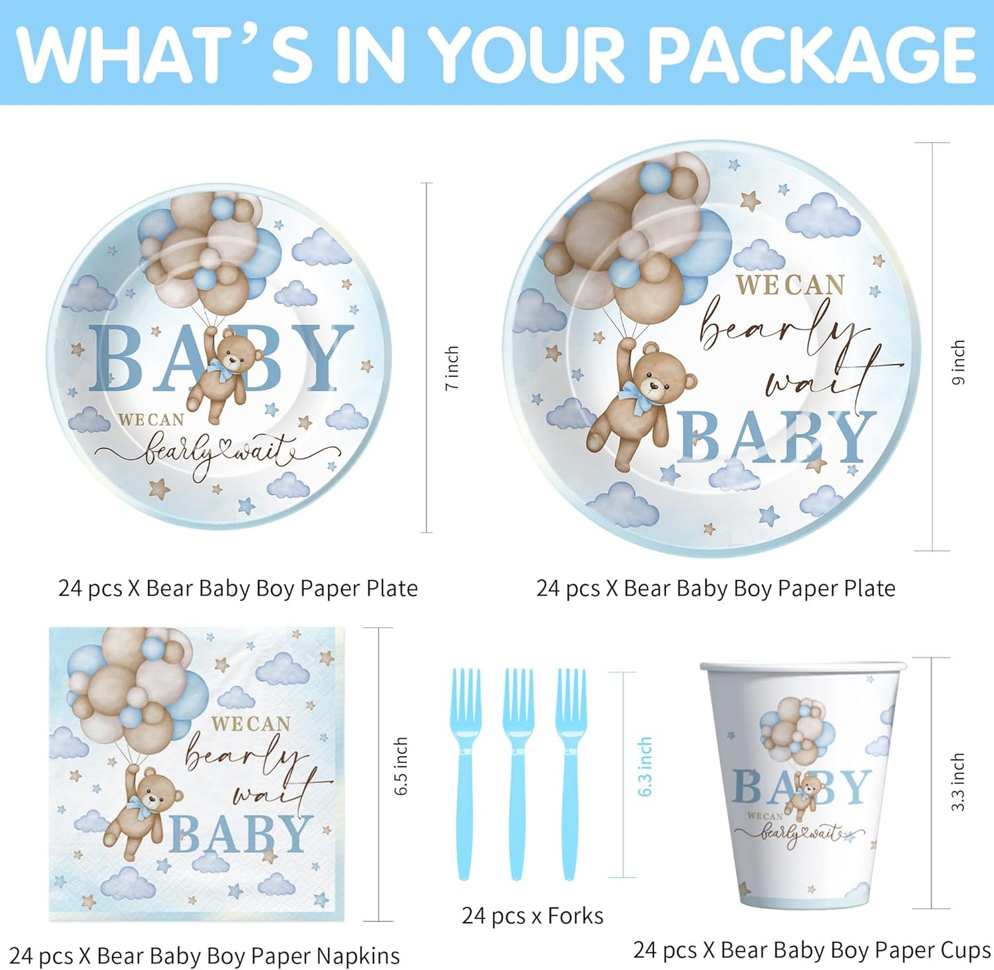 Bear Baby Shower Decorations Party Tableware Boy - Blue Bear We Can Bearly Wait Baby Shower Decorations Supplies, Paper Plates and Napkins Set, Cup, Disposable Forks, 24 Guests