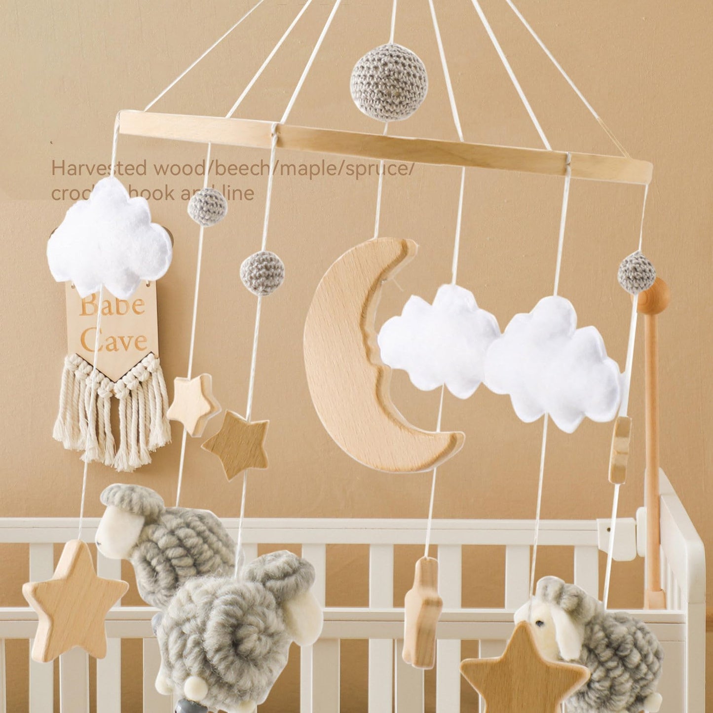 2025 Bohemia Theme Baby Mobile - Mobile for Crib, Crib Mobile for Boys and Girls, Nursery Decor Mobile, Clouds Moon Sheep Pendant Nursery Decor (Beige)
