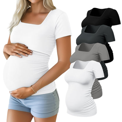Huukeay 4 Pack Women's Maternity Shirts Cotton Ribbed Short Sleeve Square Neck Pregnancy Tops Side Ruched Summer Tee