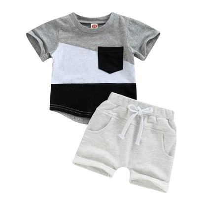 fhutpw Baby Toddler Boy Clothes Summer Outfits 6 12 18 24 Months Patchwork Short Sleeve T Shirt & Shorts Sets with Pockets
