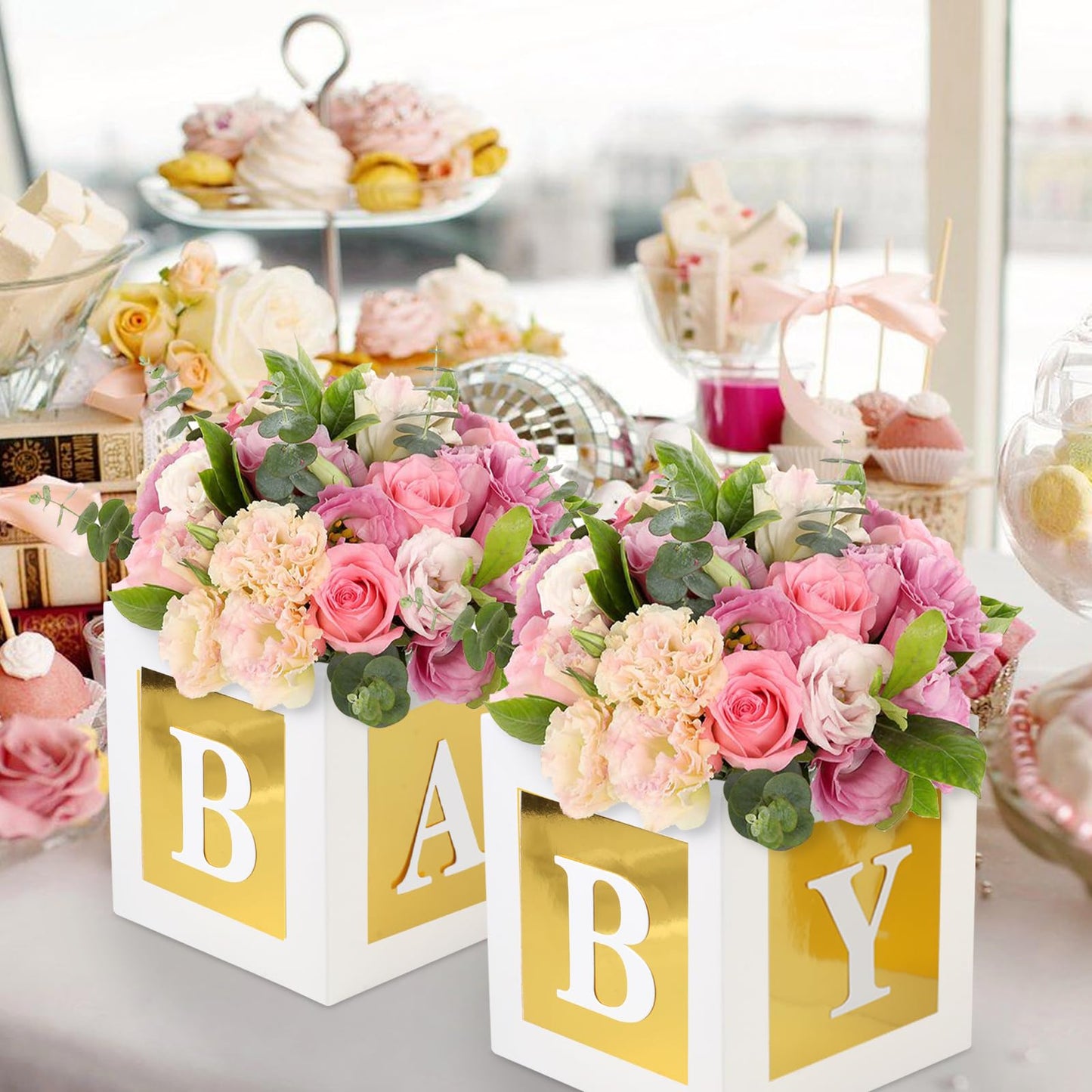 4 Pcs Baby Shower Flower Boxes Centerpieces Decoration Rose Gold Baby Block Floral Holder Centerpiece Baby In Bloom Gender Reveal Birthday Party Decors Table Display Its A Girl Its A Boy