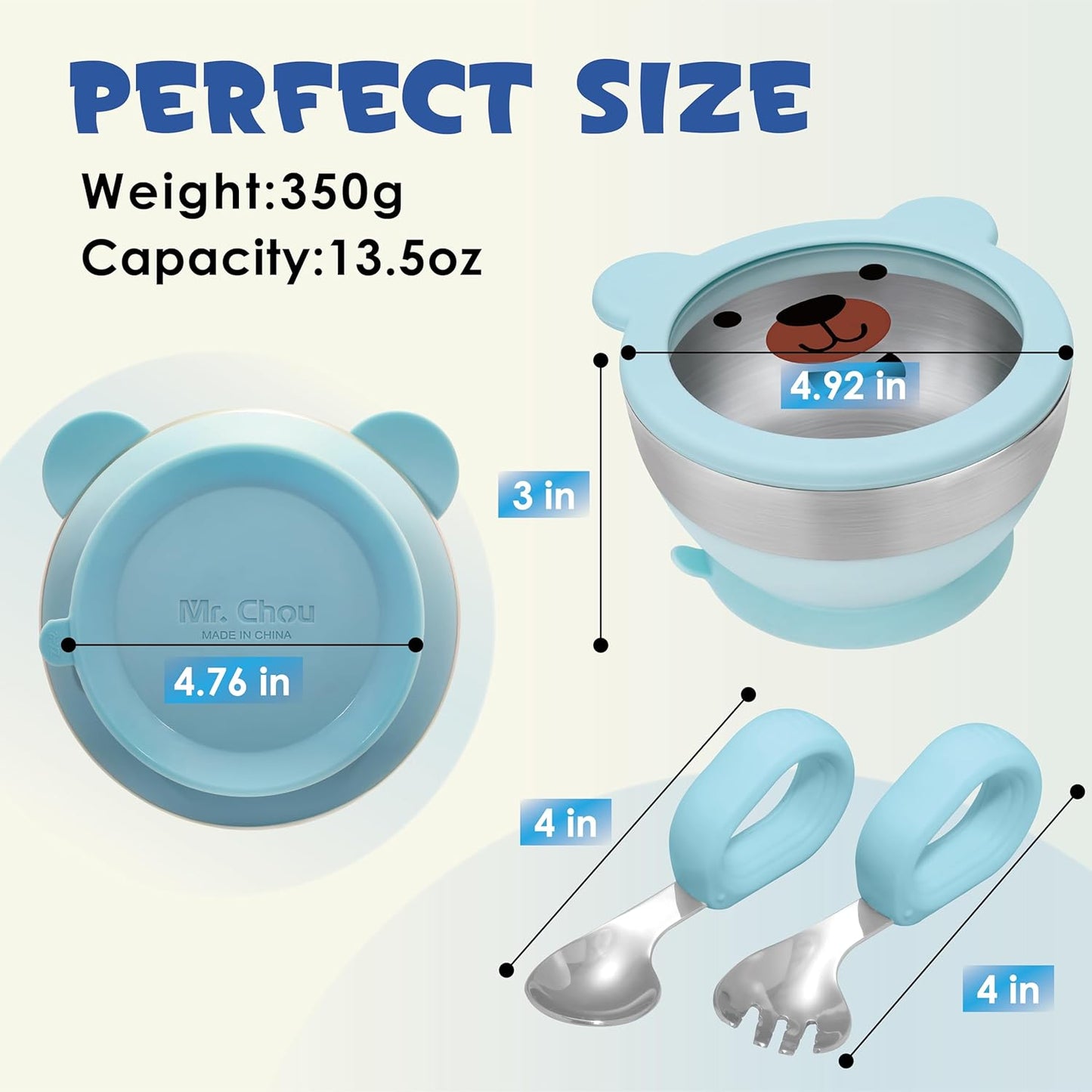 MR. CHOU Baby Bowls with Non-Slip Silicone Suction Cup, Insulated Double-Layer 304 Stainless Steel Toddler Bowls with BPA Free Airtight Lids, Food-Grade Silicone Safe for Kids (Blue)