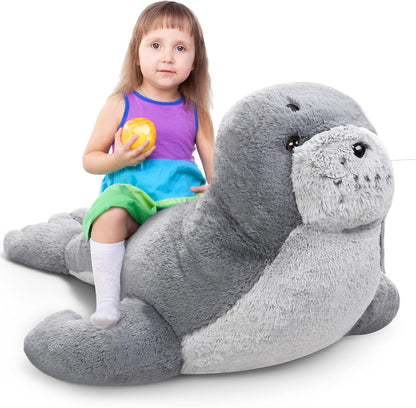 Poen 39 Inch Giant Seal Plush Stuffed Animal Large Fat Soft Cuddly Grey Cute Hug Seal Plush Toy Adorable Big Pillow Gift for Kids Sleeping Companion Birthday Ocean Animals Decor