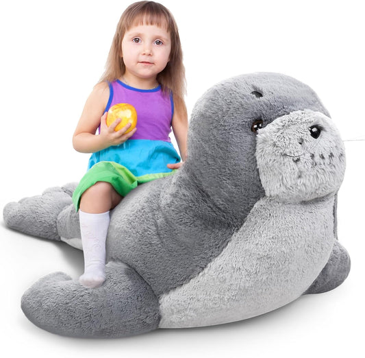 Poen 39 Inch Giant Seal Plush Stuffed Animal Large Fat Soft Cuddly Grey Cute Hug Seal Plush Toy Adorable Big Pillow Gift for Kids Sleeping Companion Birthday Ocean Animals Decor