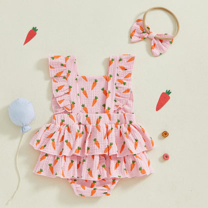 Baby Girls Flutter Sleeve Ruffles Layered Romper Dress Cute Patterns Printed Holiday Outfit with Headband