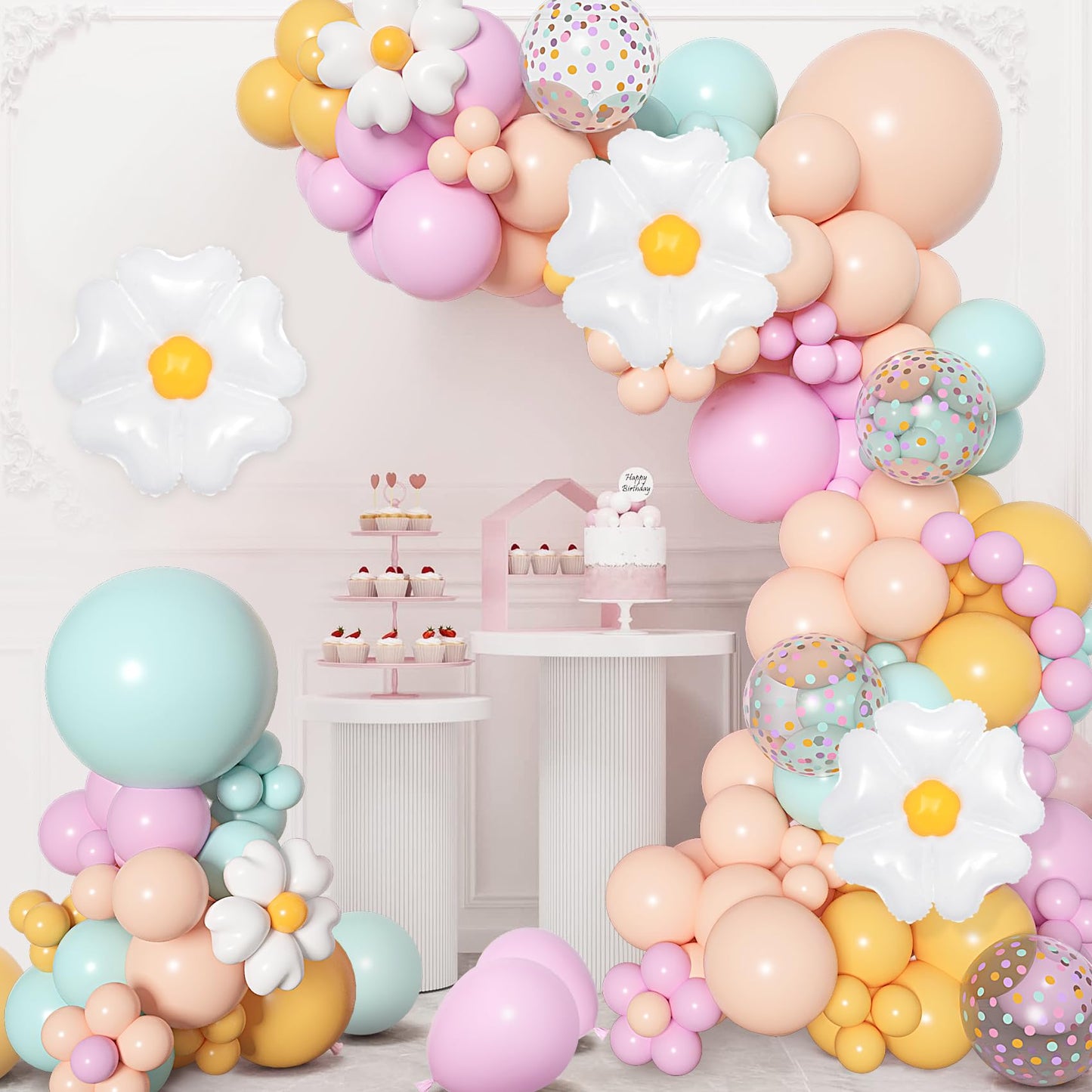 168Pcs Daisy Balloon Arch Garland Kit, Pastel Blue Orange Yellow Purple Confetti Daisy Wild Flower Balloons for Boho Two Groovy One Birthday Floral Girl Baby Shower Spring Wedding Party Decorations