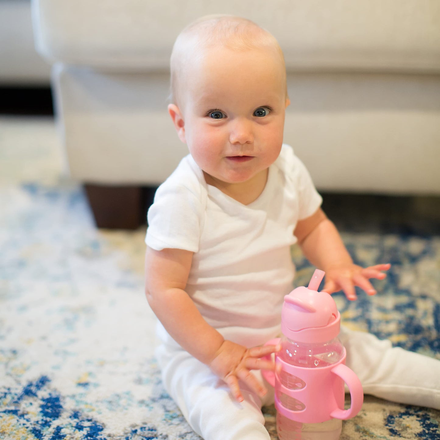 Dr. Brown's Milestones Wide-Neck Sippy Straw Bottle with 100% Silicone Handles and Weighted Straw, 9 oz/270 mL, Gray & Pink, 6m+, 2 Count (Pack of 1)
