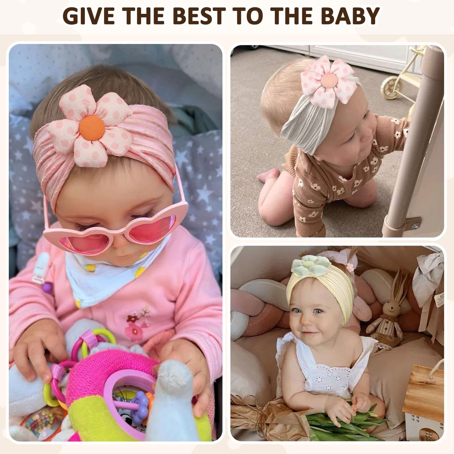 3 Pcs Baby Flower Headbands Baby Girls Nylon Headband Soft Hairbands Hair Accessories for Newborn Infant Toddler Kids (Beige Pink Khaki)