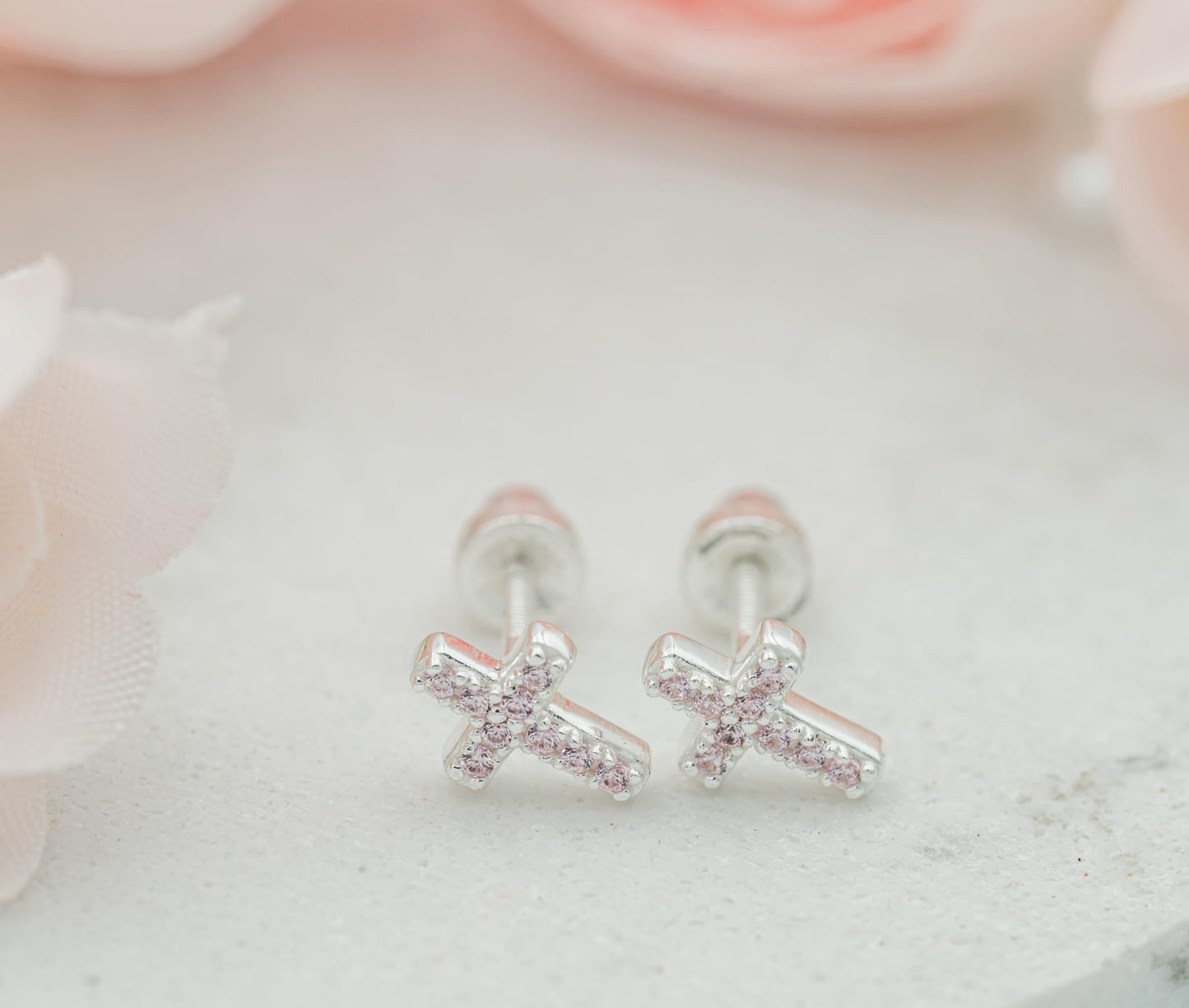 Cherished Moments Children's Sterling Silver or Gold-Plated Cross Earrings with CZs and Safety Screw Backs for Baptism, Christening and First Communion Gifts for Girls