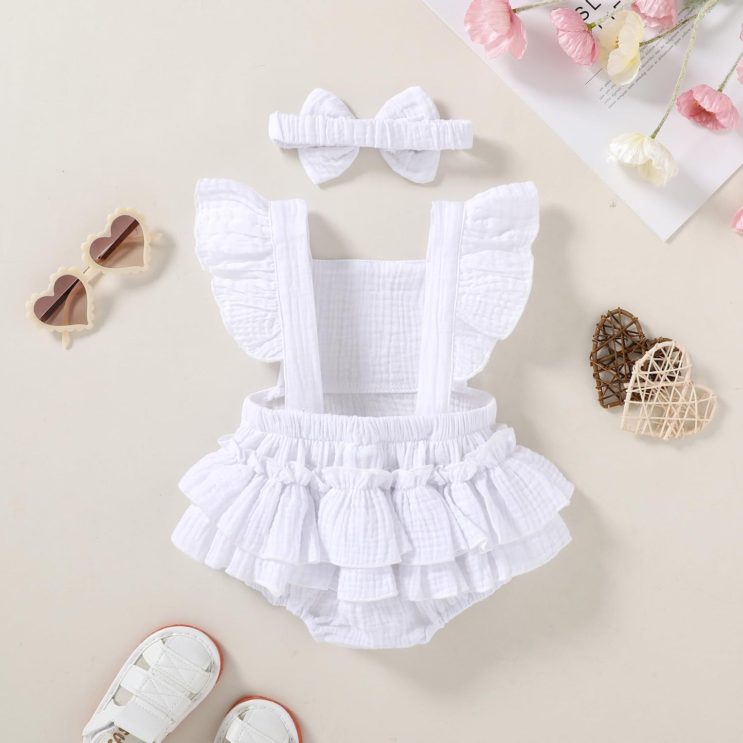 Happy Town Baby Girl Clothes Toddler Summer Linen Romper Sleeveless Ruffle Outfits Infant Girls Jumpsuit with Headband