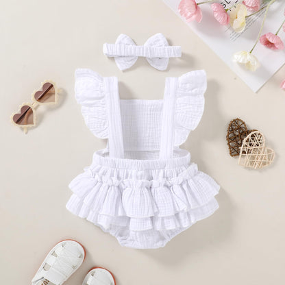 Happy Town Baby Girl Clothes Toddler Summer Linen Romper Sleeveless Ruffle Outfits Infant Girls Jumpsuit with Headband