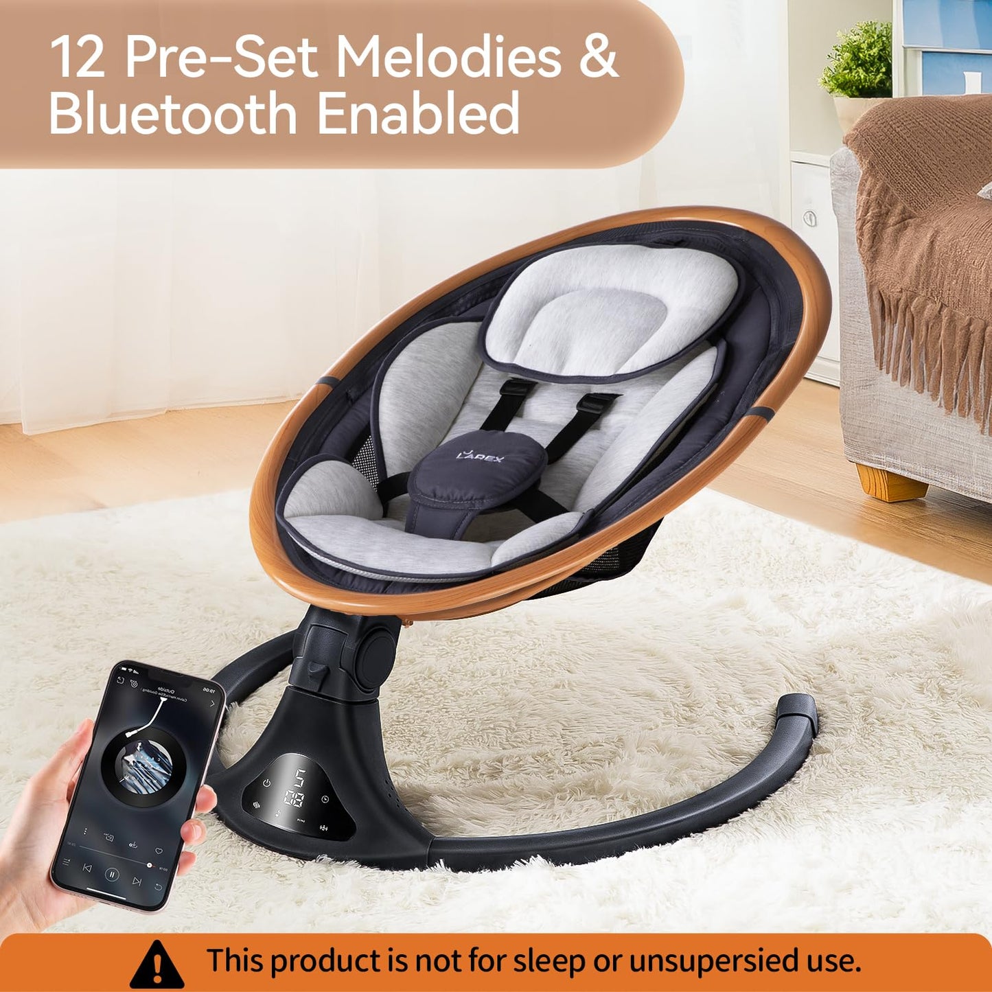 LAREX Baby Swing to Toddler Electric Infant Swing Portable for Newborn Boy Girl, 5 Sway Speeds with Remote Control, 12 Preset Melodies and Bluetooth, 0-6 Months Max 20 Lbs(Dark Wood Grain)