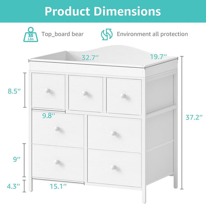 BOLUO Changing Table Dresser with 7 Fabric Drawers, Baby Dresser with Changing Table Top Diaper Changing Station with Storage for Nursery Modern