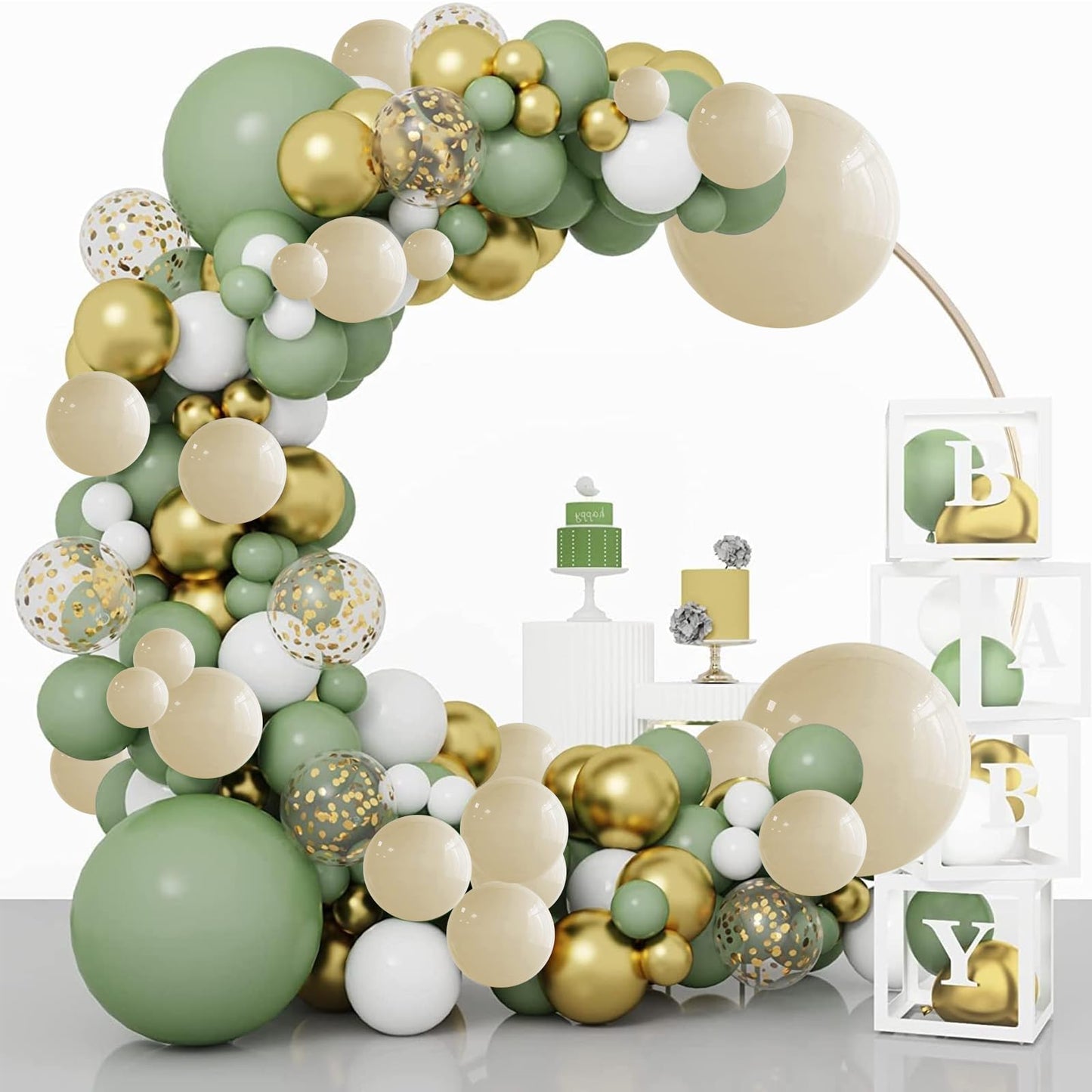 Dusty Blue Balloon Arch Kit, Dusty Baby Blue Balloons Arch Kit With Metallic Gold Sand White Gold Confetti Balloons for Wedding Bridal Shower Boy Birthday Party Baby Shower Decorations