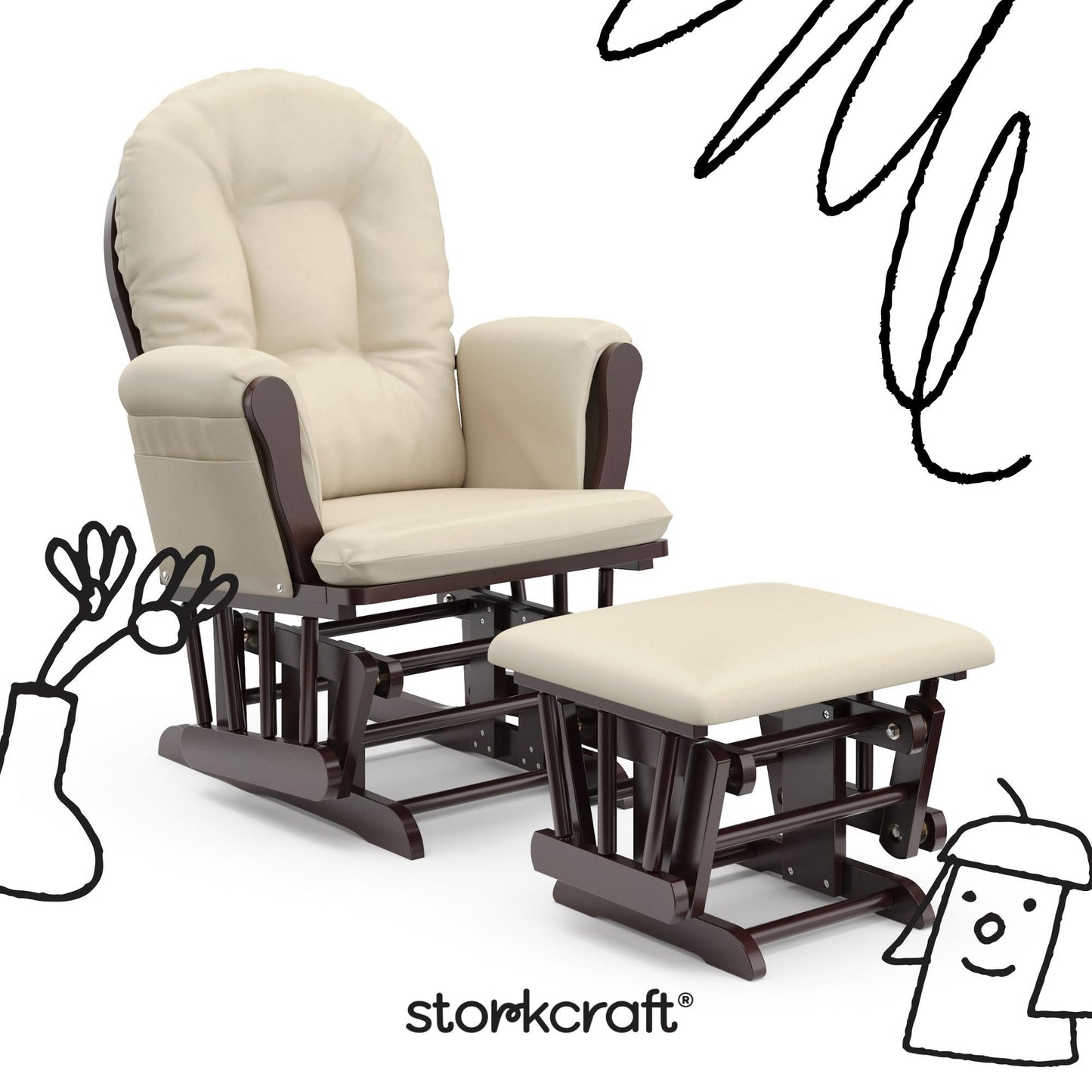 Storkcraft Premium Hoop Glider and Ottoman (Espresso Base, Gray Cushion) – Padded Cushions with Storage Pocket, Smooth Rocking Motion, Easy to Assemble, Solid Hardwood Base