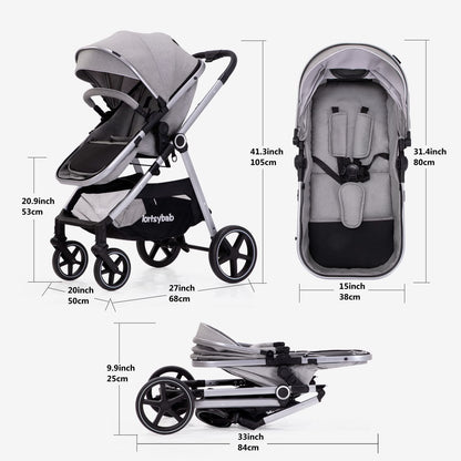 2-in-1 Baby Stroller with Bassinet Mode - Folding Infant Newborn Pram Stroller with Reversible Seat - Toddler Strollers for 0-36 Months Old Babies (Beige)