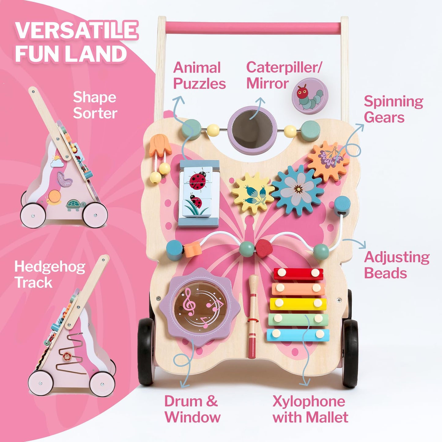 Giant bean Wooden Baby Walker for Girls Toddler Kids 1-3, Pink Butterfly Push and Pull Multiple Learning Activity Walker with Wheels, Christmas Gift Develops Motor Skills & Stimulates Creativity