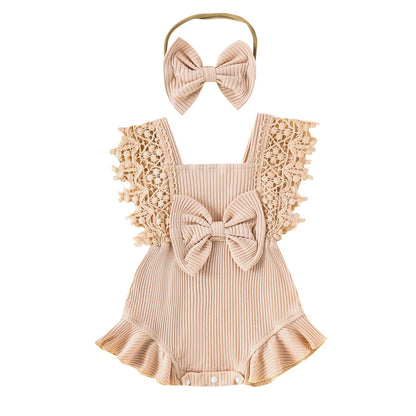 Newborn Baby Girl Lace Romper Ruffle Sleeveless Backless One Piece Jumpsuit Bodysuit with Headband Summer Clothes