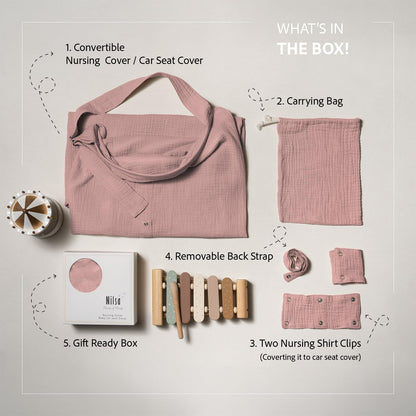 Nilsa 5-in-1 Muslin Nursing Cover up for Breastfeeding & Baby Car Seat Cover - Breathable Breastfeeding Cover With Rigid Hoop - 100% Cotton Privacy Apron Breast Feeding Covers For Women (Blush)