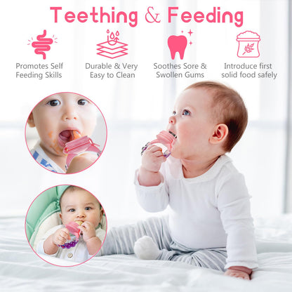 Food Feeder for Baby, Fruit Feeder Pacifier (3 Pcs) with 6 Different Sized Silicone Pacifiers 1 PCS Silicone Baby Food Dispensing Spoon 90ML with 1 PC Baby Spoons 1 PC Pacifier Clip Baby Feeding Set