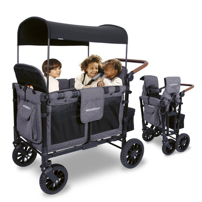 WONDERFOLD W4 Luxe Quad Stroller Wagon Featuring 4 High Face-to-Face Seats with Magnetic Buckle 5-Point Harnesses and Adjustable/Removable UV-Protection Canopy, Hunter Green