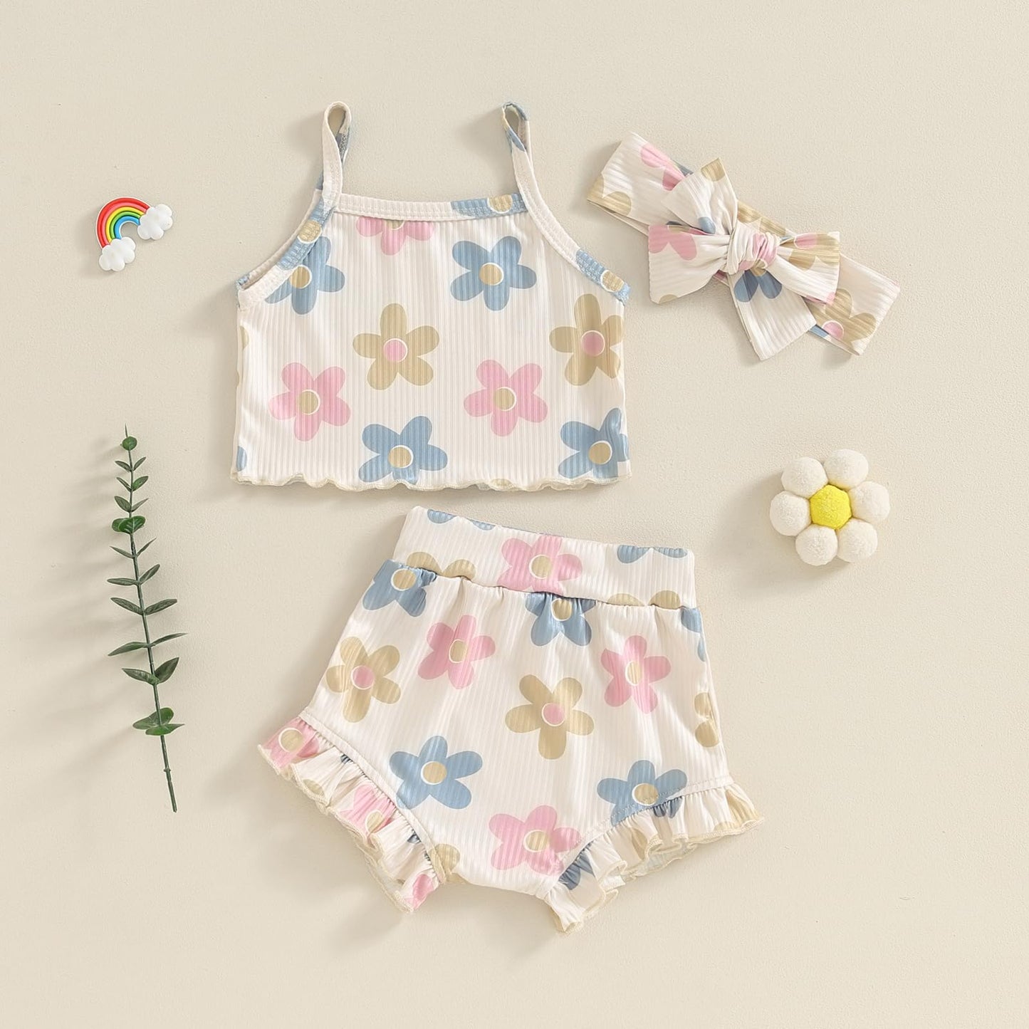 Murnouche Newborn Baby Girl Summer Clothes Sleeveless Floral Top Ribbed Shorts Boho Outfit Set