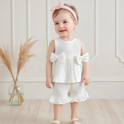 Kupretty Toddler Girl Summer Clothes Baby Solid Linen Outfit Bows Ruffle Tank Tops Shirts + Ruffled Short Set