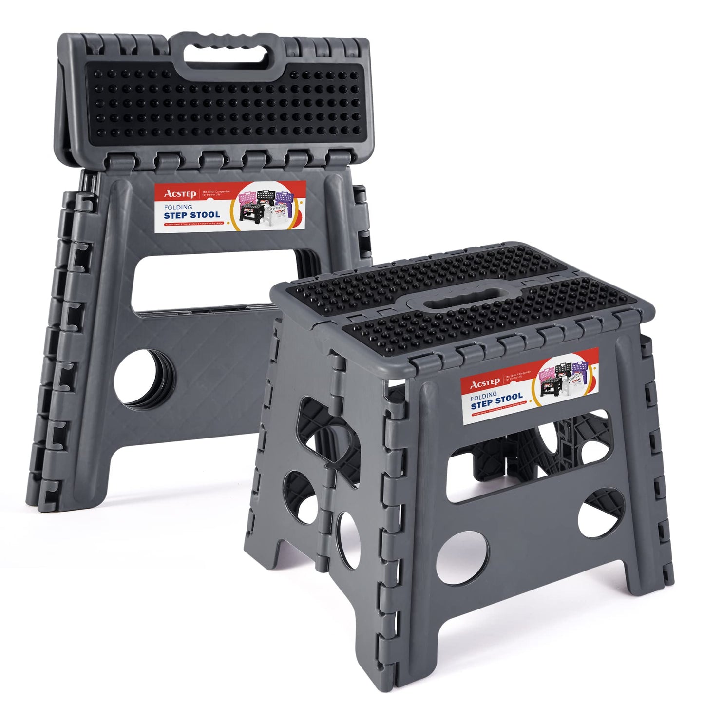 ACSTEP Folding Step Stool 9'' Tall Kids Step Stool Holds Up to 300 lb Plastic Foldable Step Stools for Kids Non-Slip Surface with Carry Handle Collapsible Stool for Home, Outdoor and Indoor(Black)