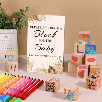 Baby Shower Games Sign Kit with 50 Blank Wooden Baby Blocks, 24 Acrylic Paint Marker and Wooden Sign, Blocks for Baby Shower, Gender Reveals Party(Green)