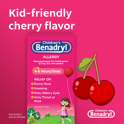 Benadryl Children's Dye-Free Allergy Relief Liquid + 12.5 mg Diphenhydramine HCl, Antihistamine Allergy Medicine for Kids Helps Relieve Runny Nose & Sneezing, Bubble Gum Flavor, 8 fl. oz
