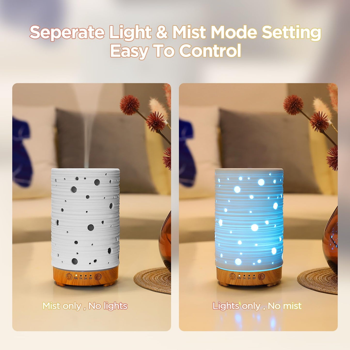 Essential Oil Diffuser Hand Blown Glass Aromatherapy Diffuser - Ultrasonic Cool Mist Scent Aroma Diffuser, Whisper Quiet with Auto Shut-Off, Timer Setting &7 Colors Night Light for Home