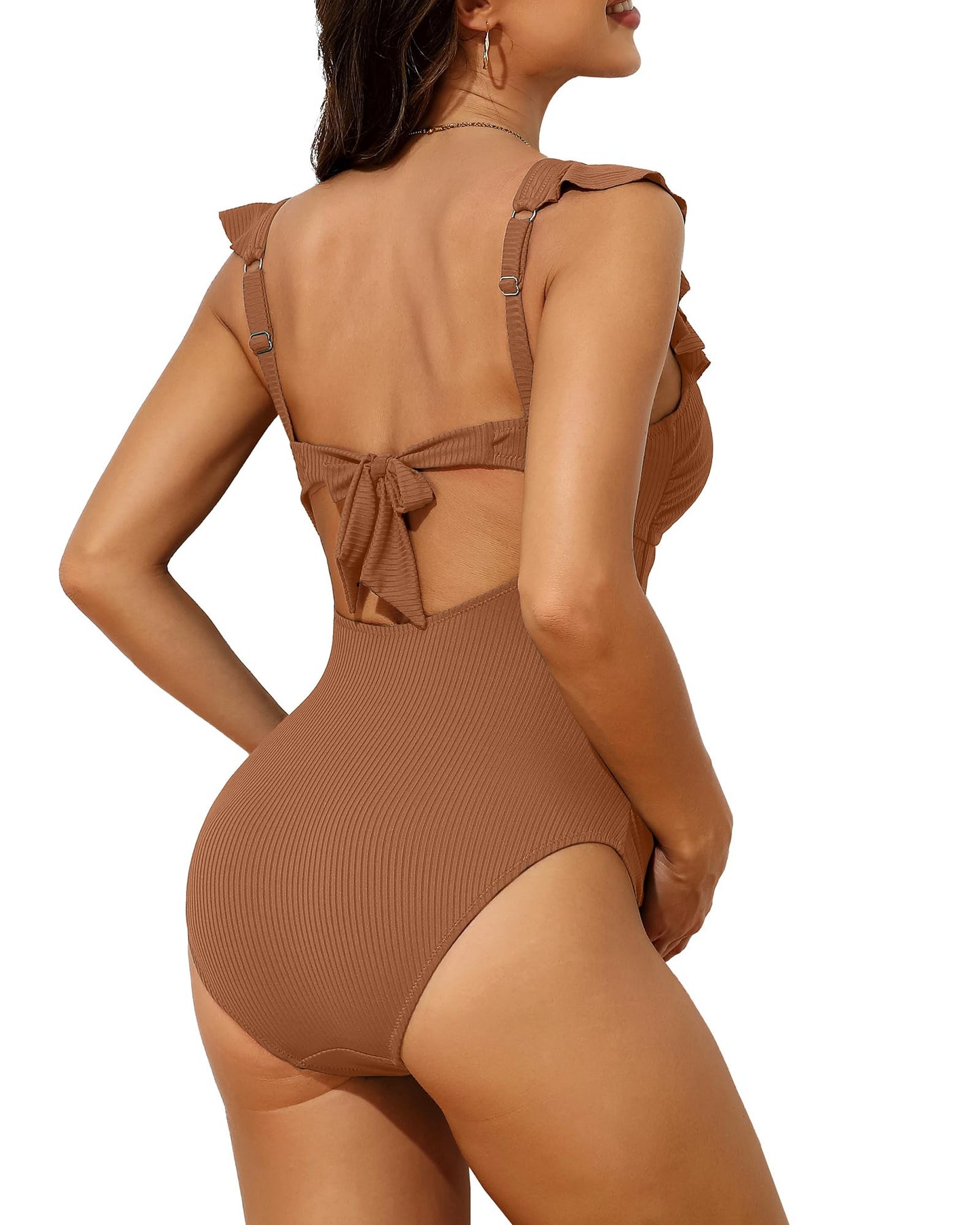 Charmo Ruffle Maternity Bathing Suits for Women Ribbed Tie Knot Maternity Swimsuit Cutout Ruched Pregnancy Swimwear