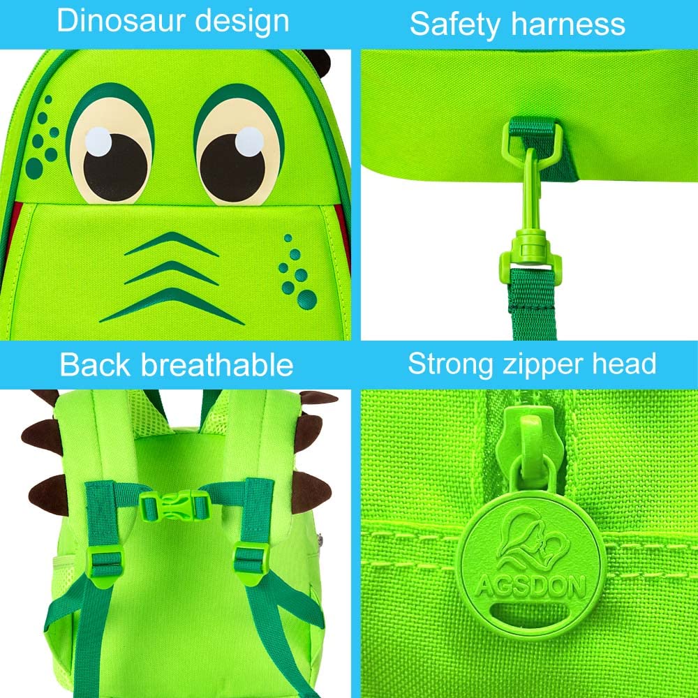 AGSDON Toddler Backpack Leash, 9.5" Safety Harness Dinosaur Bag - Removable Tether