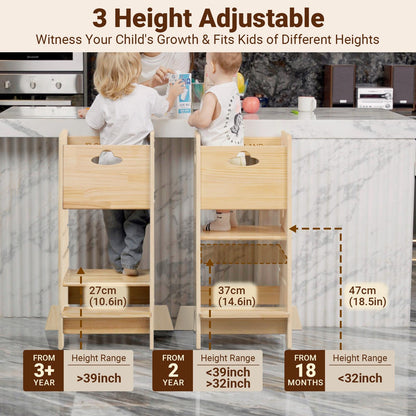 COSYLAND Toddler Standing Tower Adjustable Height - Super Stable Kids Kitchen Stool Helper - 3 Levels Adjustable Wooden Toddler Kitchen Stool (Natural & Navy Blue)