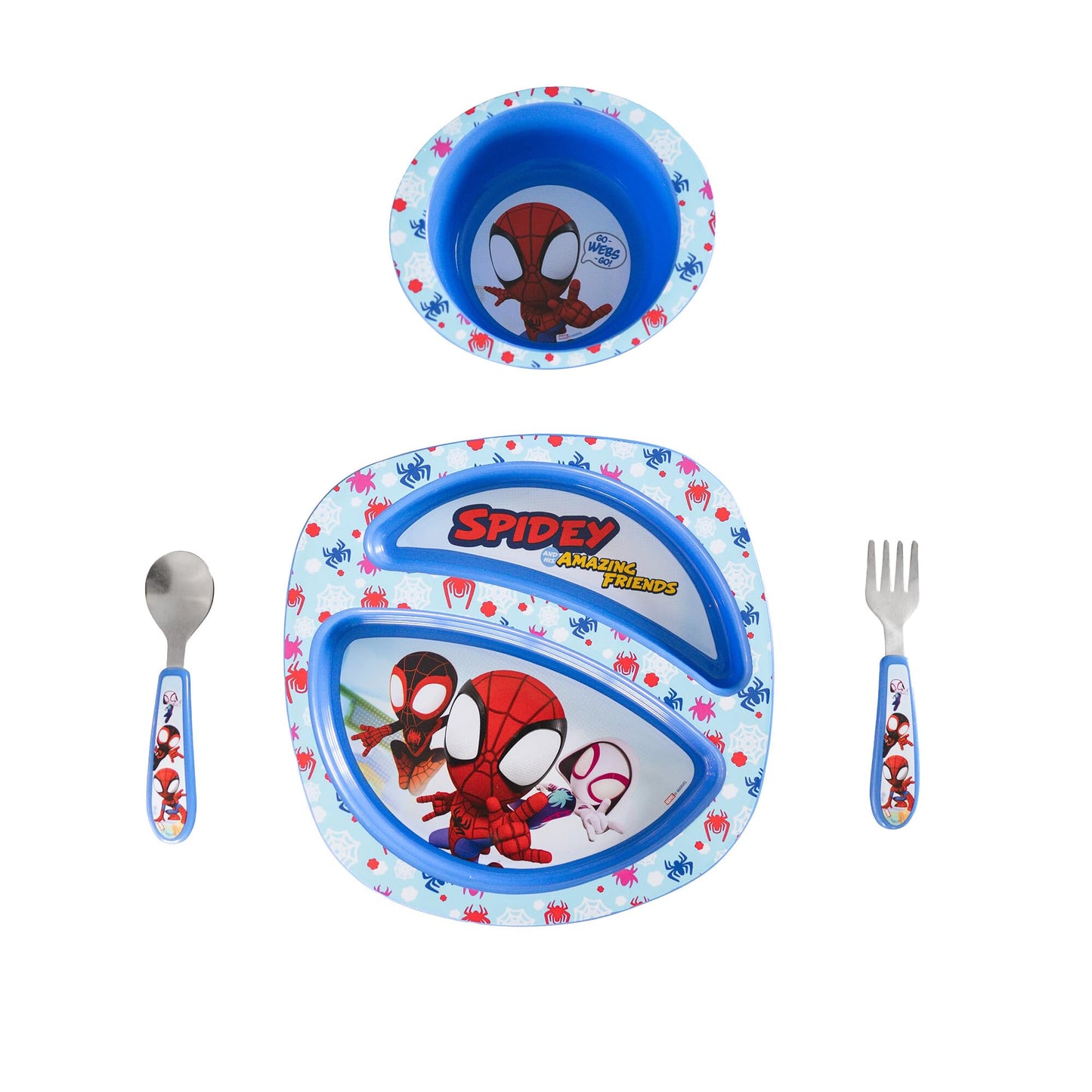 The First Years Bluey 4-Piece Place Setting - BPA Free Dishwasher Safe Toddler Dinnerware Set with Divided Plate, Bowl, Fork, Spoon - Multicolor
