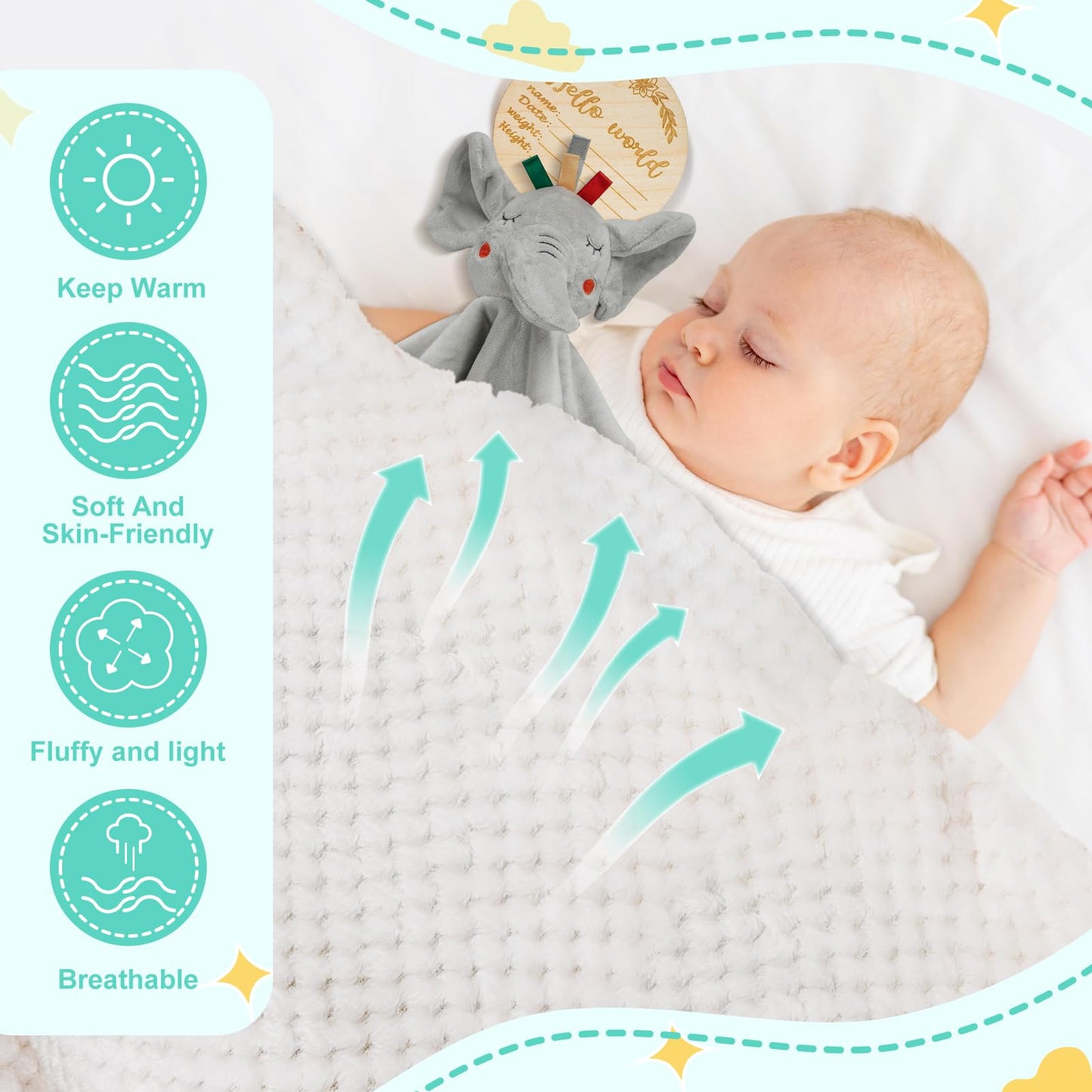 Baby Gift Basket, Newborn Baby Boy Gift Basket, Multiple Pieces Newborn Essentials for New Baby Gifts Basket Set with Baby Blanket, Baby Bunny Rattle, Keepsake Milestone, Elephant Toy, Baby Socks