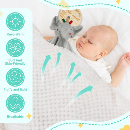 Baby Gift Basket, Newborn Baby Boy Gift Basket, Multiple Pieces Newborn Essentials for New Baby Gifts Basket Set with Baby Blanket, Baby Bunny Rattle, Keepsake Milestone, Elephant Toy, Baby Socks